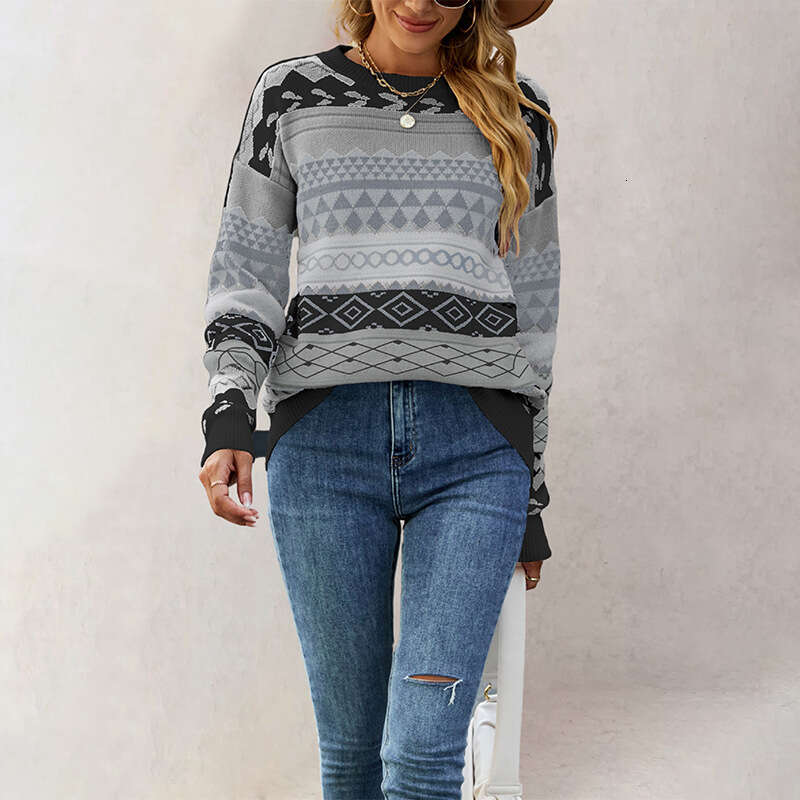 Autumn Winter New Women's Clothing Pattern Diamond Jacquard Multi-Color Spliced Knitted Sweater Pullover B5