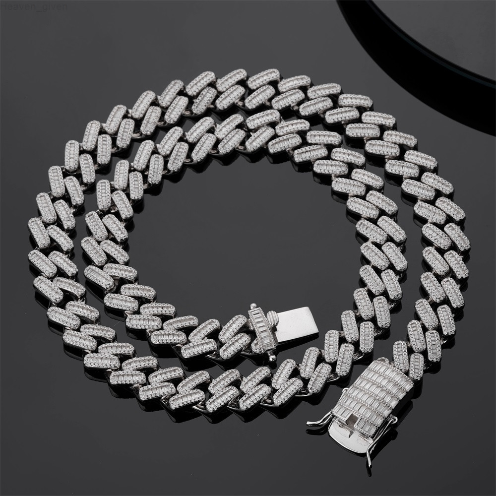 14MM Hip Hop Iced Out 925 Sterling Silver Moissanite Cuban Chain baguette Cubic Zirconia 14k Gold Plated Cuban Link Chain for Men