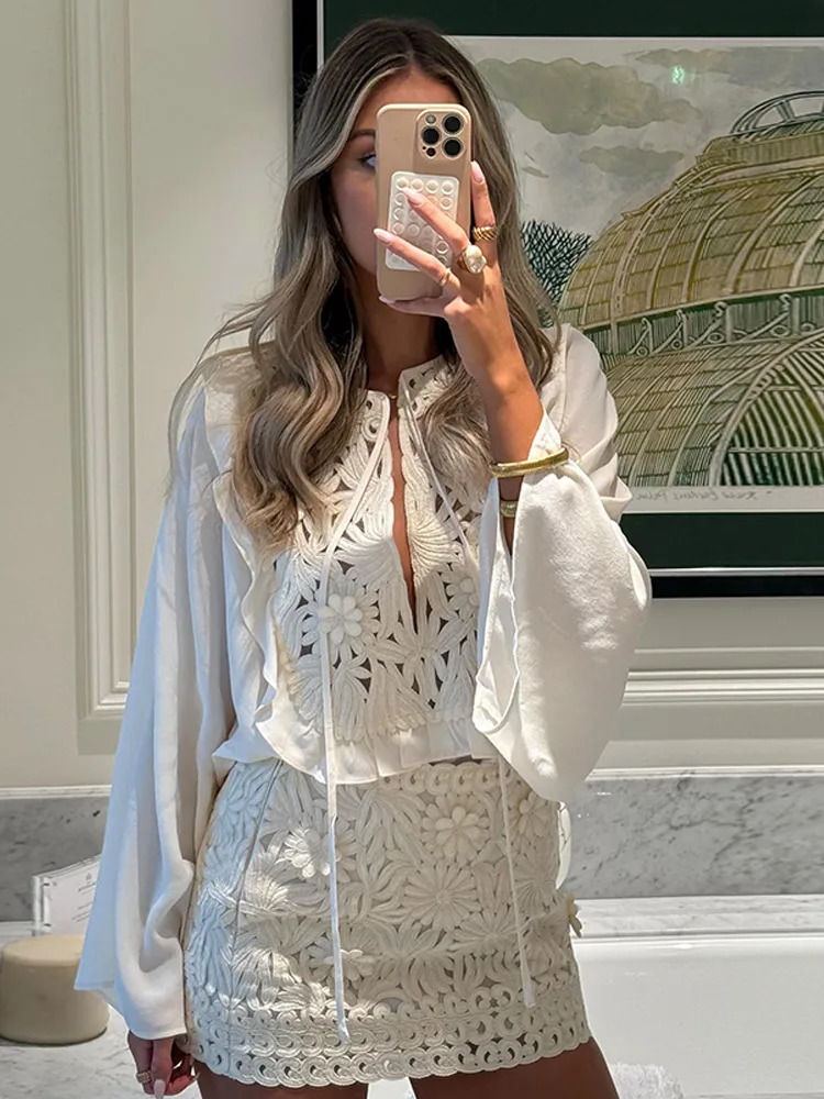 Elegant Retro Hollow Out Lace Up Mini Skirt Set Women Chic High Waist Flare Ruffle O-neck Top 2 Piece Suit Holiday Street Outfit 250818