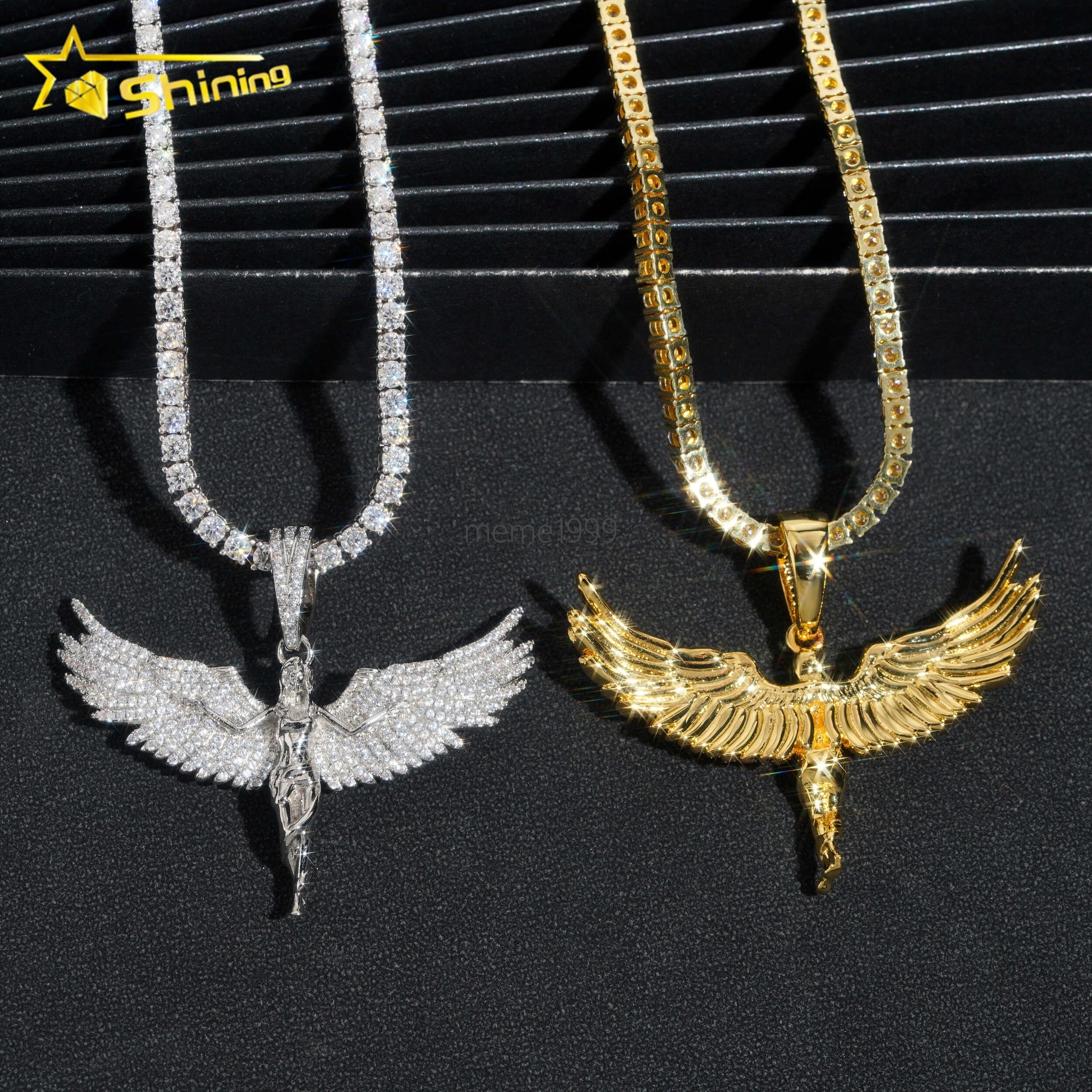 14k White Gold Plated Sterling Silver 925 Hip Hop Diamond Pave Moissanite Iced Out Angel Pendant