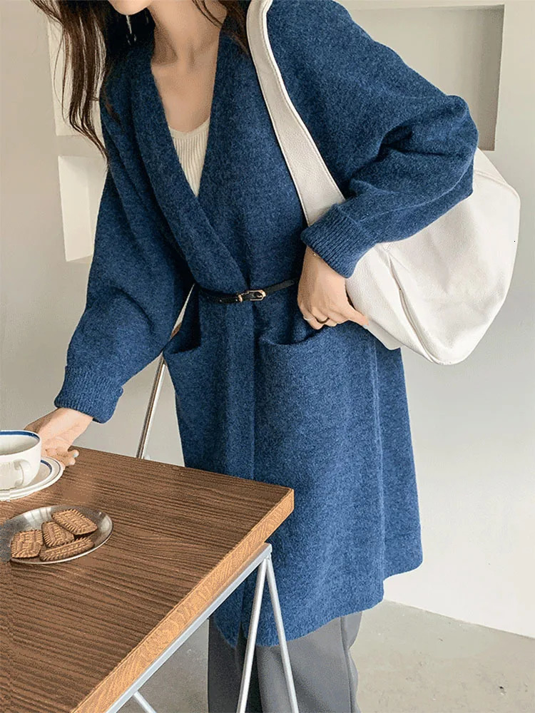 Women Solid Color Loose Thick Warm Sweater Cardigan Pocket Ladies Spring Autumn V Neck Knitted Coat Female Casual Tops C124 250819