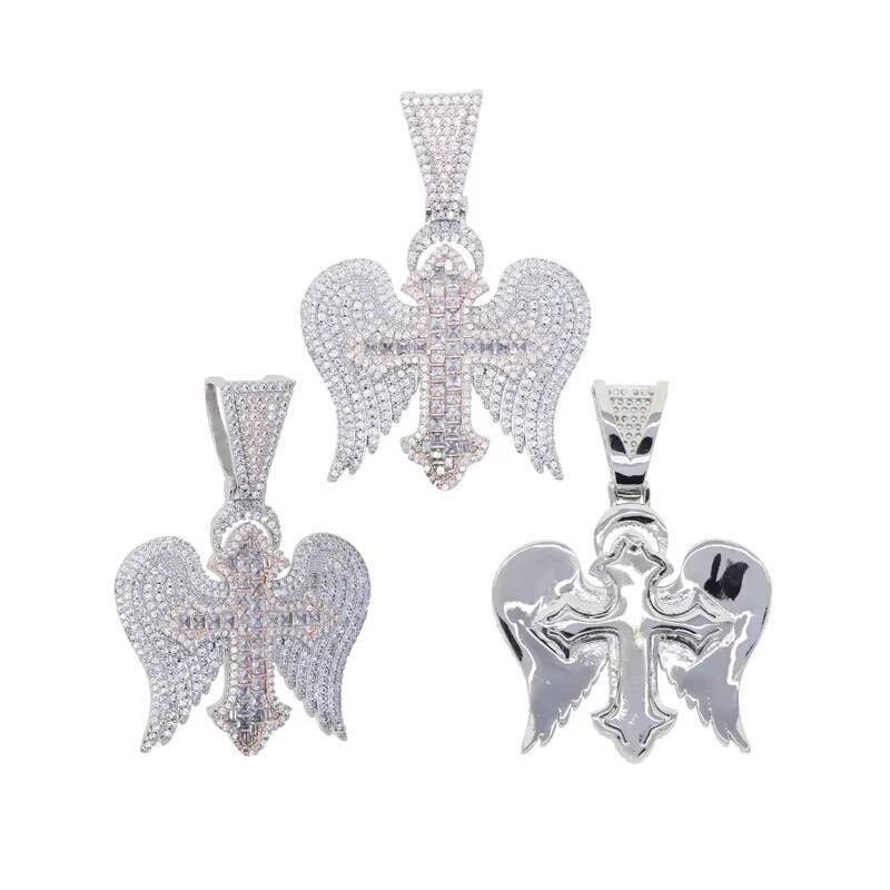 Fashion Angels Demons Iced Out Cross Micro Moissanite Paved Wing Necklace High Quality Men Women Hip Hop Jewelry Pendant