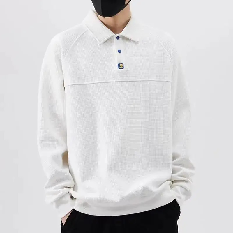 Spring Autumn Solid Waffle Long Sleeved Polo Shirts Men Fashion Trend Lapel Button Patchwork Loose Breathable Outer Wear Top 250818