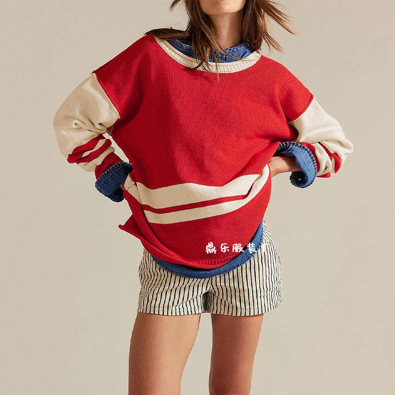 New Autumn Winter Pullover Women's Color Block Round Neck Loose Versatile Knitted Sweater B3
