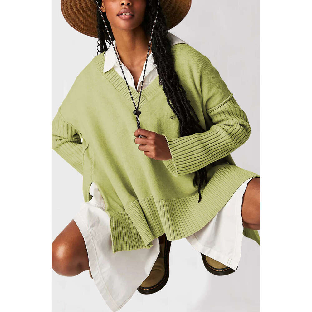 Autumn Winter Temu V-Neck Irregular Patchwork Pullover Loose Women's Sweater B5