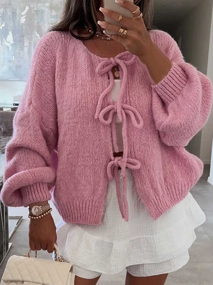 Fashion Knitted Bow Lace Up Cardigan Women Sweater Y2k Open Front Sweet Knitted Cardigan Lantern Sweater Oversized Cardigan XJ250819