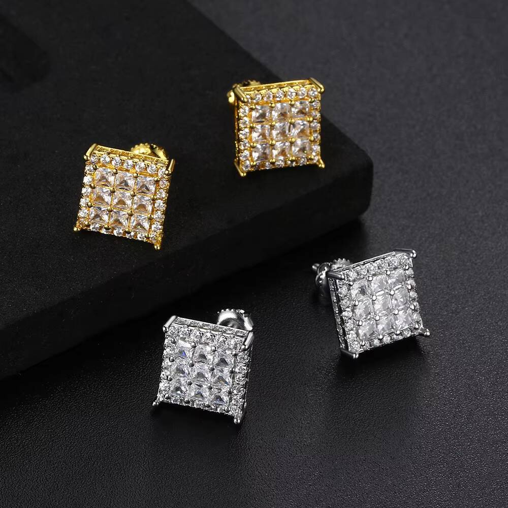18K Gold Plated Halo Iced Out Moissanite Stud Earrings Square Gold Boy Earrings Mens Earrings for Women Girls