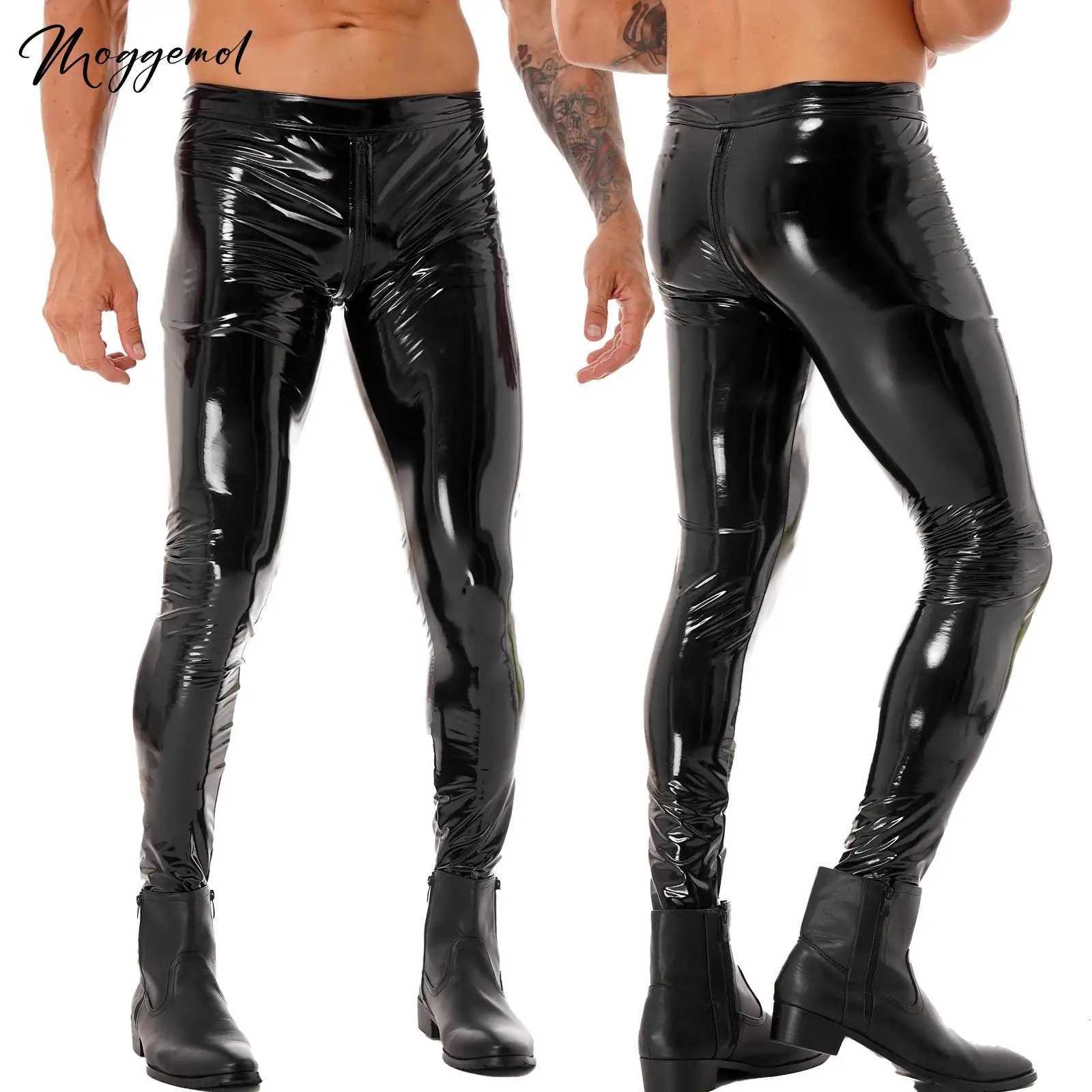 Mens Zipper Crotch Leather Skinny Pants Long Trousers Motorcycle Tight Leggings for Rave Nightclub Party Stage Performance W250819