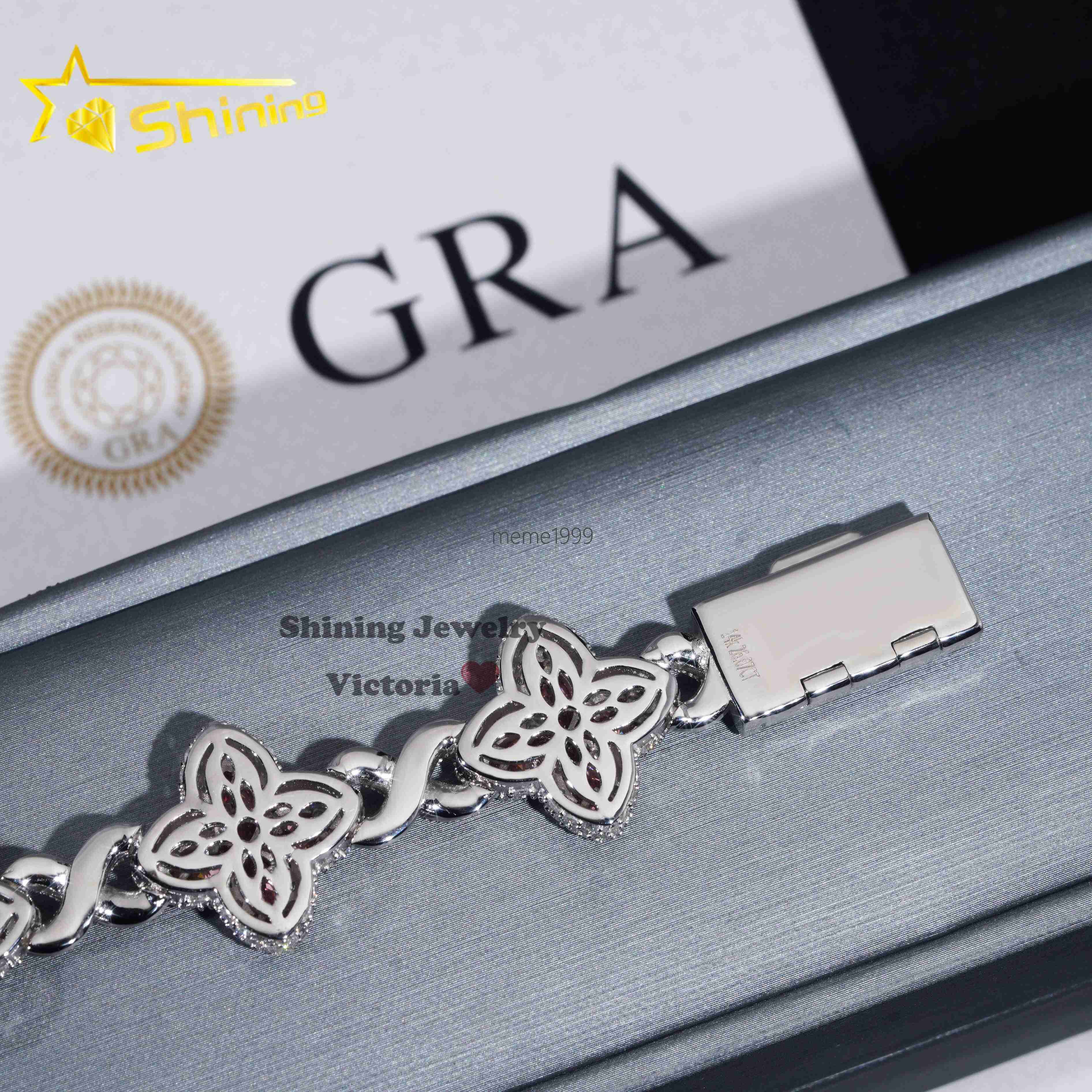 18MM Hip Hop Style Sterling Silver Iced Out Clover Infinity Link Bracelet Jewelry Pink Marquise Moissanite Clover Cuban Bracelet