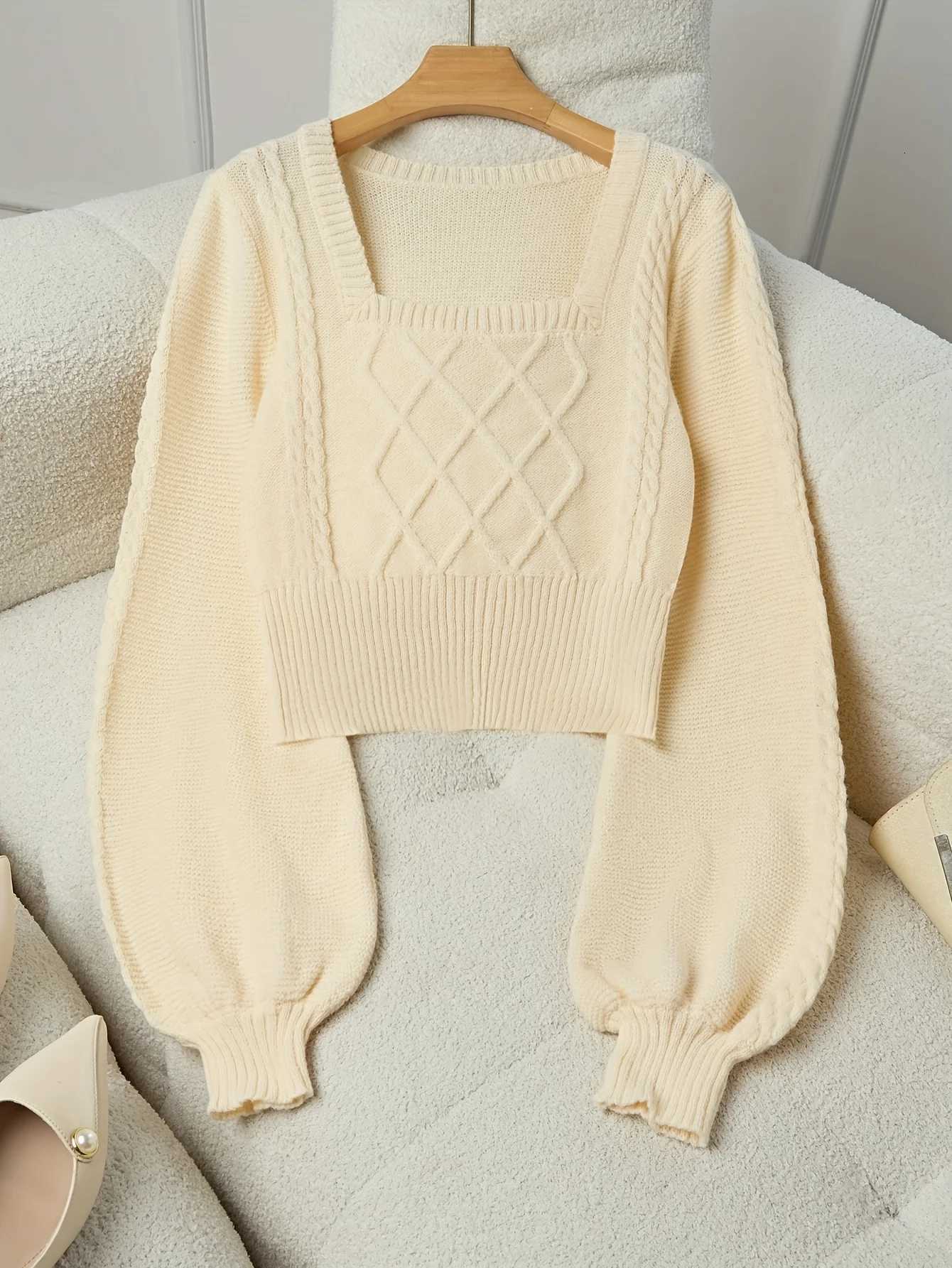Autumn Fashion in Europe and the US French Retro Square Neck Bell Sleeve Long Sleeve Pullover Short Knitted Sweater for Women XJ250819