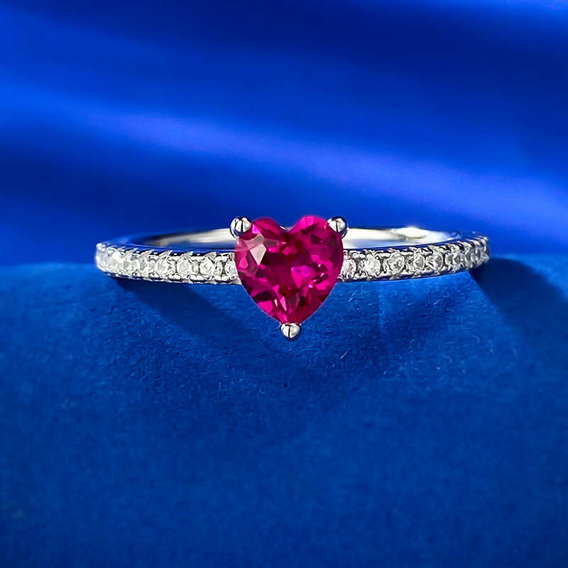 Mujing Jewelry 2023 New Silver Small Heart Ring Inlaid with High Carbon Diamond Elegant Artificial Ruby for Women