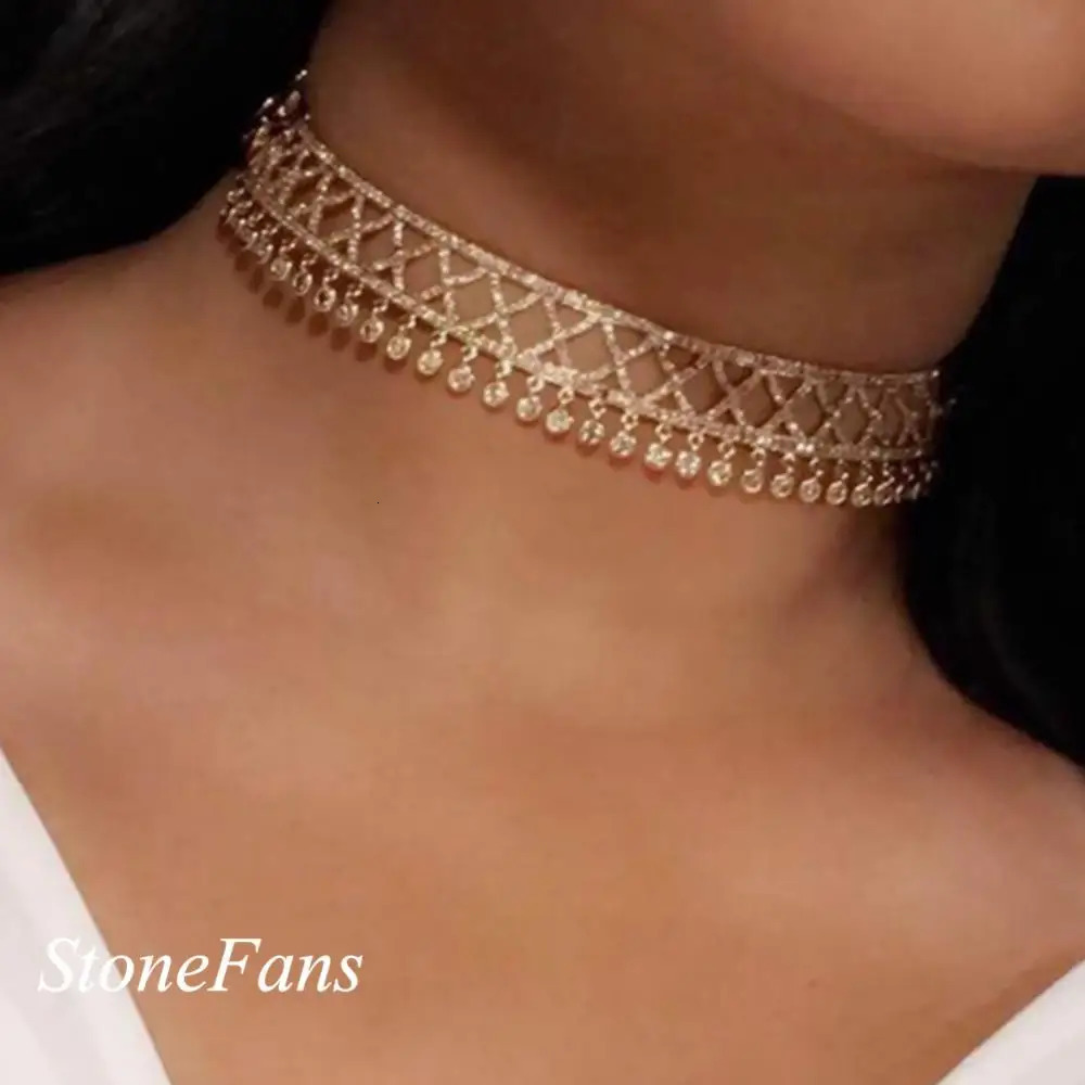 StoneFans Cubic Zirconia Tie Chain choker necklace for Women adjustable length trendy geometric chokers necklaces N6087 250815