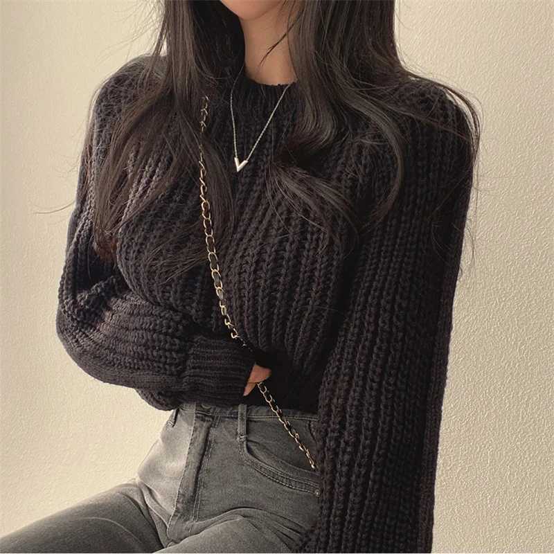 Vintage Harajuku Lantern Long Sleeve Sweaters Women Korean Autumn Winter Knitwear O Neck Crop Tops Chic Solid Femme Sweater XJ250819