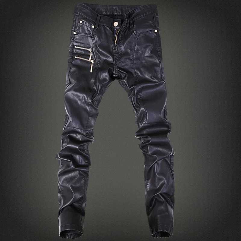 YASUGUOJI New 2025 Outdoors Pu Leather Pants Men Brand Fashion Skull Tag Patchwork Mens Skinny Motorcycle Leather Jeans W250819