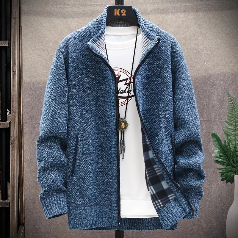Autumn Winter Knitted Fleece Sweater Men Fashion Slim Fit Cardigan Causal Sweaters Coats Solid Thicken men 250819