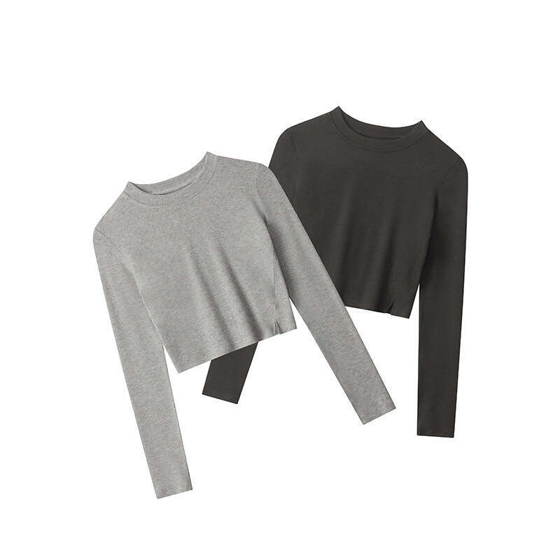 Spring And Autumn Hot Girl Sexy Slim Fit Slit Long Sleeve Women's Crop Top Short Tight Solid Color T-Shirt B5