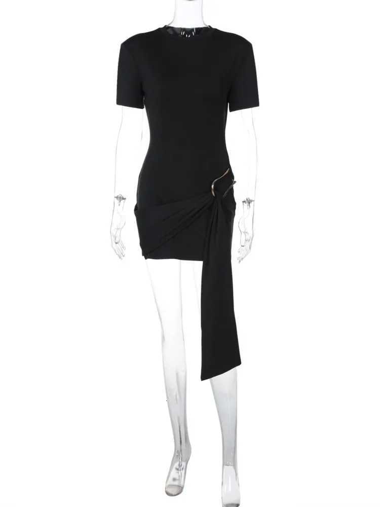 Mozision Short Sleeve Draped Sexy Mini Dress For Women Black Metal Buckle O Neck High Waist Bodycon Club Dress Vestido Clothes M250623
