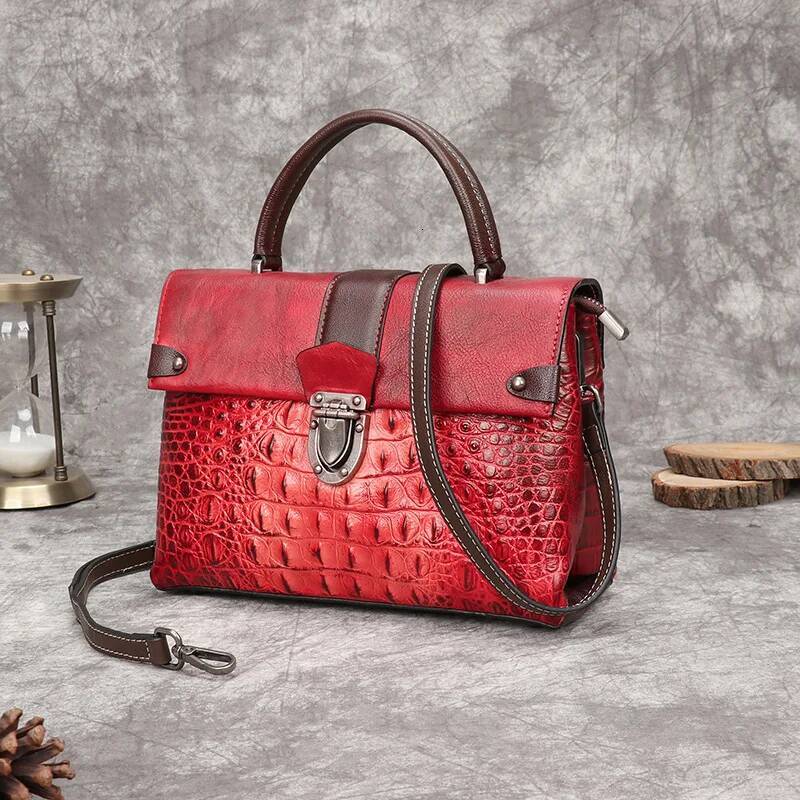 Retro Crocodile Pattern Handbags 2025 New Genuine Cowhide Leather Handmade Eming Shoulder & Crossbody Women Bag