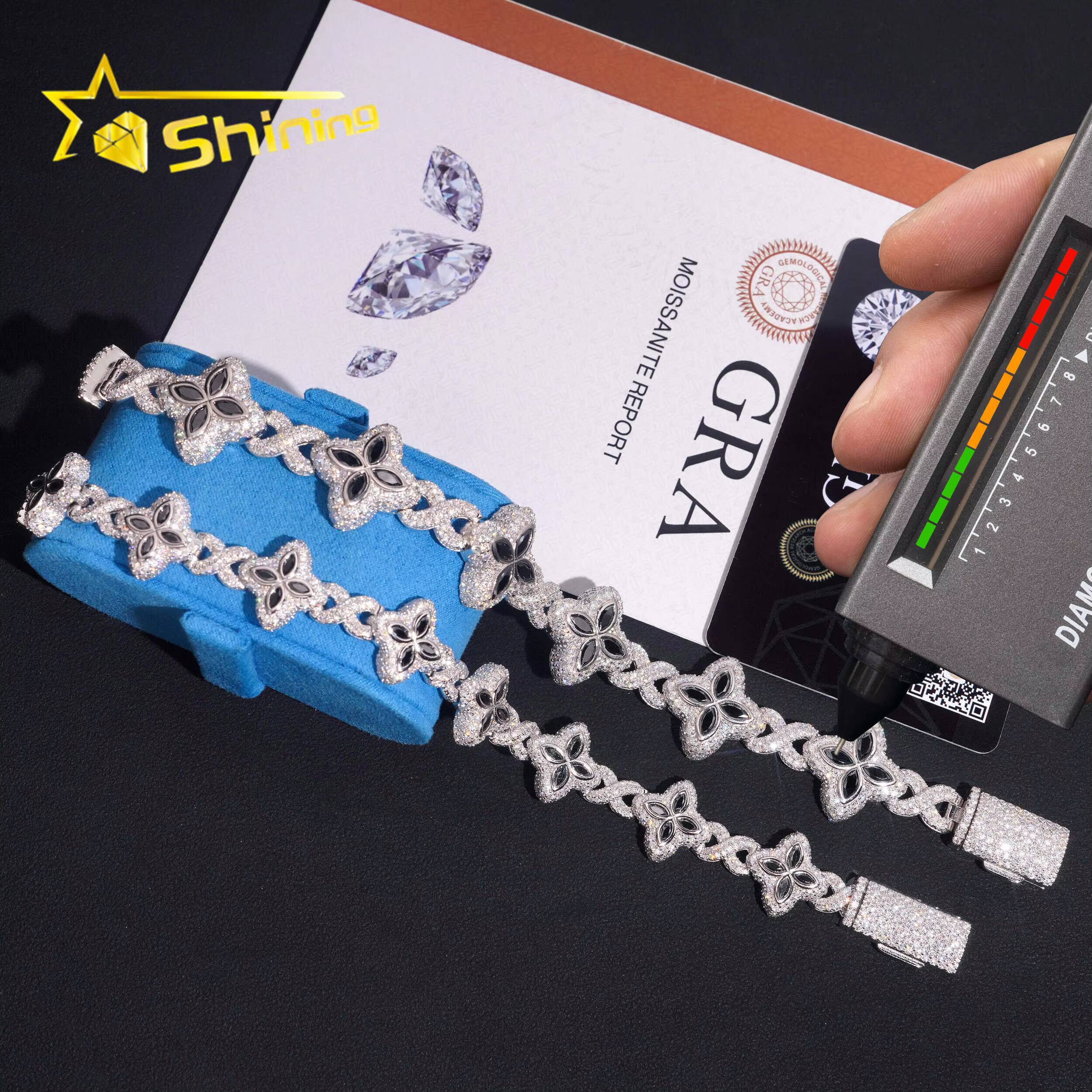 Hot Sale 15mm 18mm Black Color Moissanite Clover Bracelet Hip Hop Jewelry 925 Silver Iced Out Infinity Moissanite Cuban Bracelet