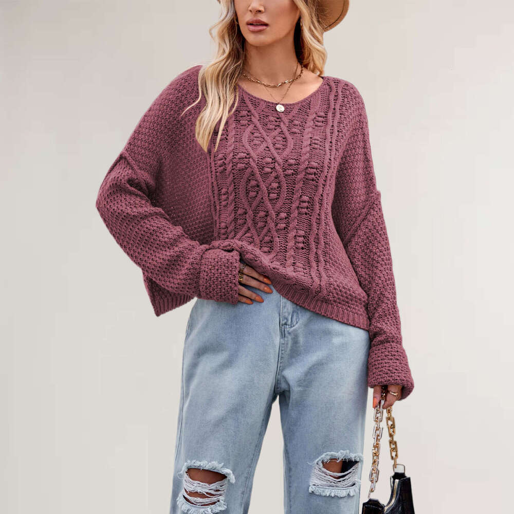 Autumn Winter New Women's Round Neck Twisted Rope Cable Knit Loose Plus Size Sweater B5