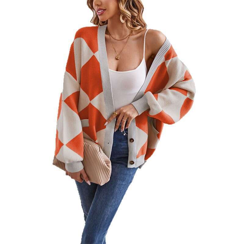 New Winter Women's Clothing V-Neck Diamond Stitching Contrast Color Loose Knitted Jacket Open B5