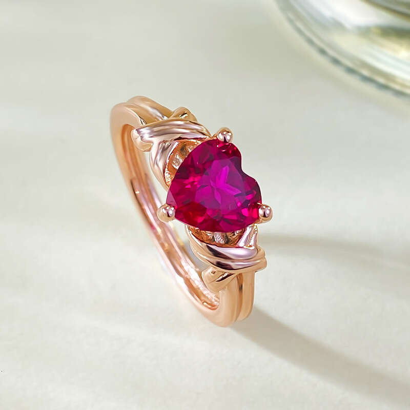 Mujing Jewelry New Silver High Carbon Diamond Ring 7*7 Heart-Shaped Red Corundum Simple Ins Style Best-Selling Model