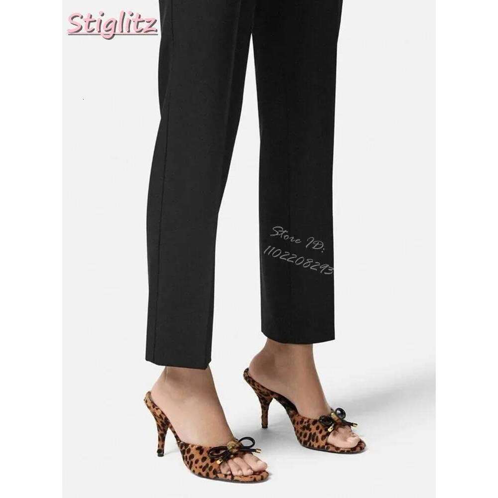 Sexy Leopard Stilettos Slippers Peep Toe Butterfly-Knot Shallow High Heels Pull-On Women's Outdoor Fashion Shoes 2025 Summer New