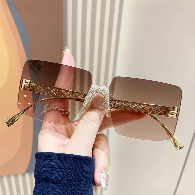 Letter F Diamond Frameless Square Sunglasses Retro Sunglasses Fashion Street Photo Metal Hollow Sun Glasses