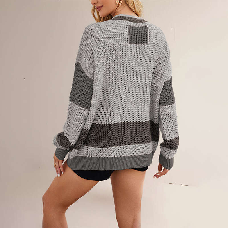 Women's Autumn Winter New Knitted V-Neck Plus Size Pocket Color Block Cardigan Jacket B5