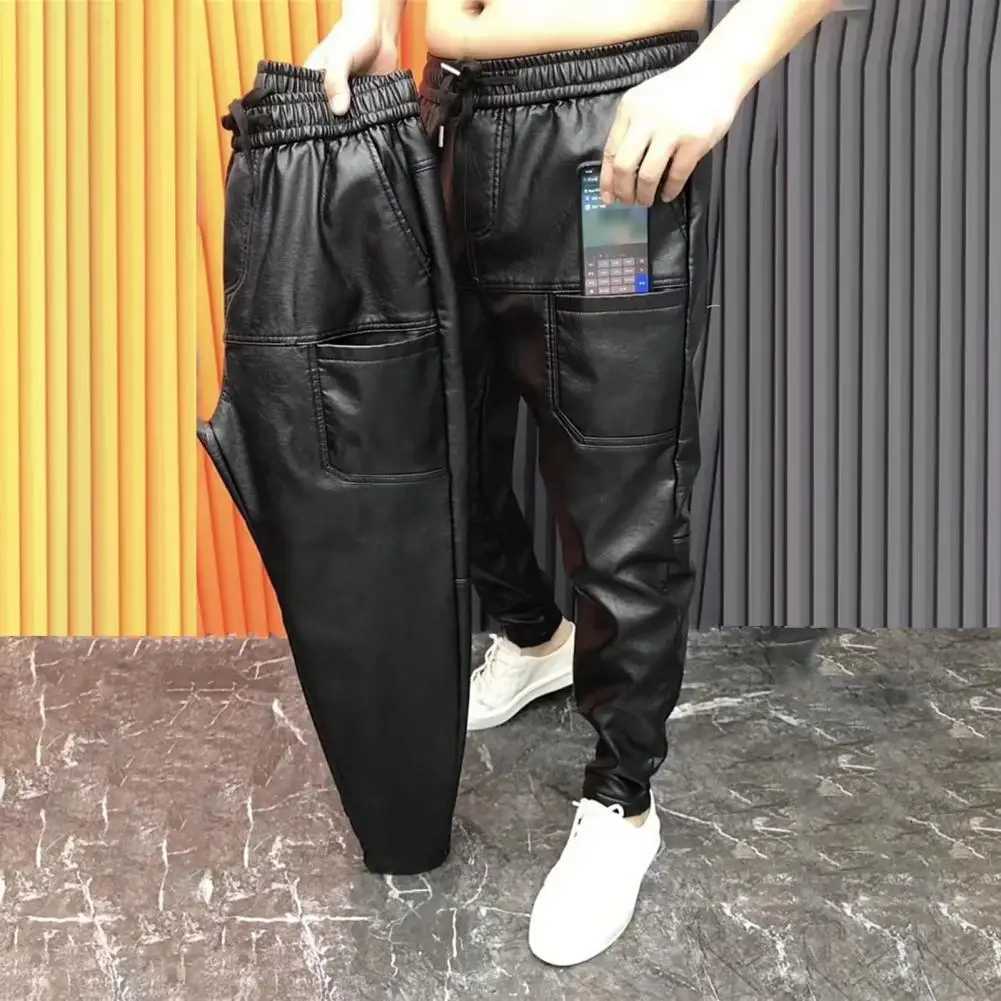 Black Elastic Waist Pants Stylish Mens Faux Leather Pants With Pockets Stretchy Waist Motorcycle Style Trousers For Spring Fall W250819