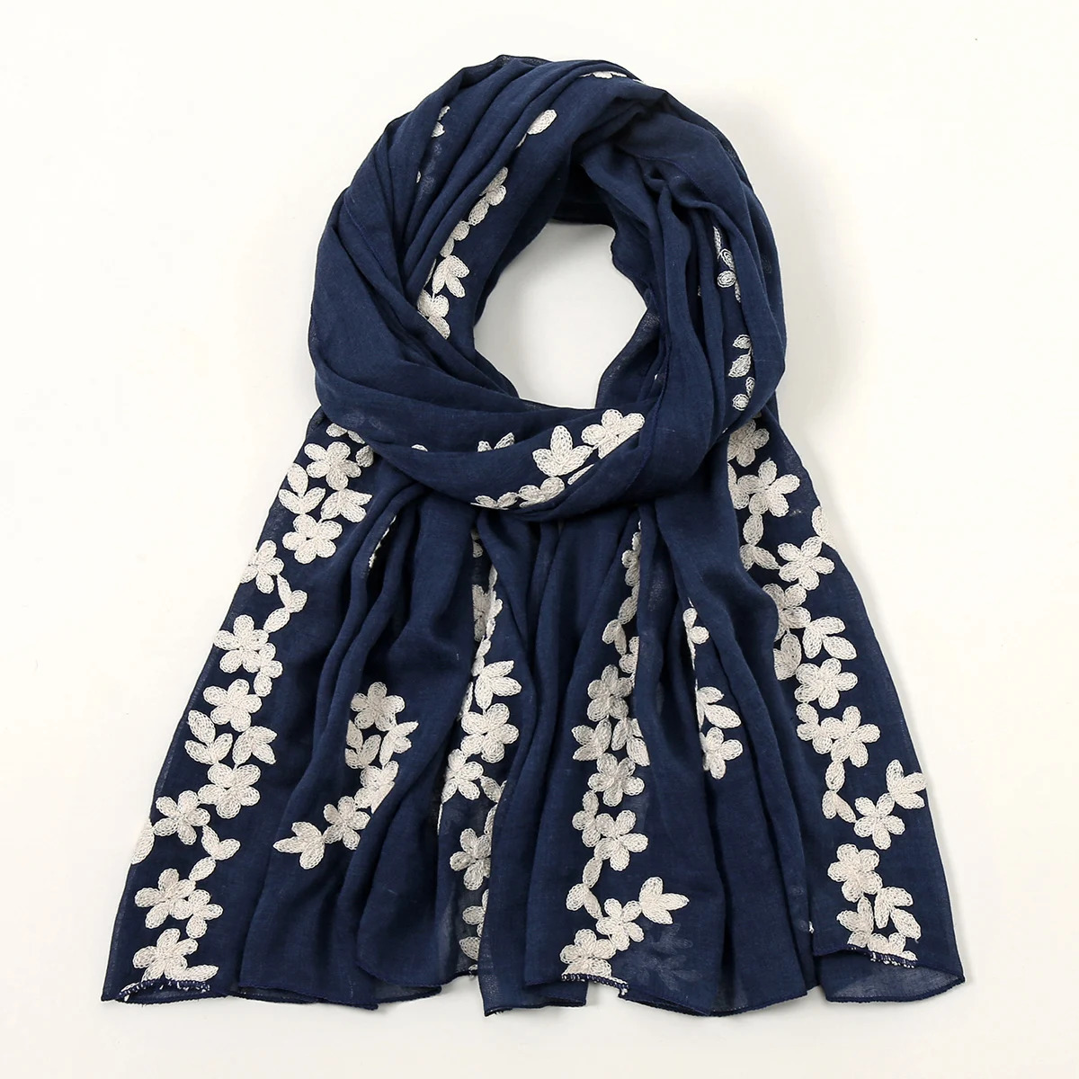 Fashion Embroidery Floral Long Scarf Hijab Woman Cotton Shawl Summer Solid Color Wraps For Ladies Casual Stole Headband 180*80cm 250818