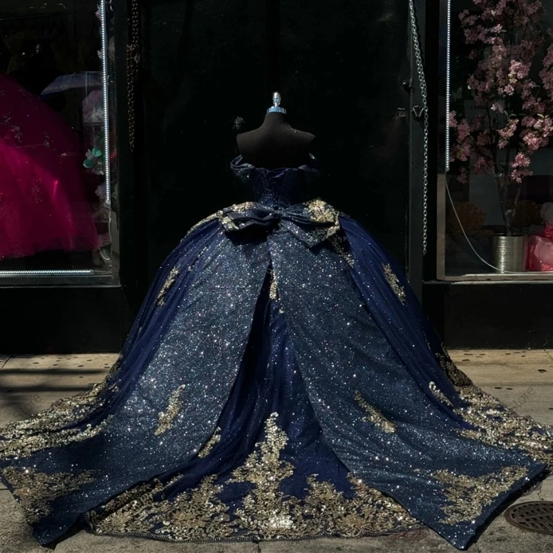 Navy Blue Quinceanera Dresses Gold Sequin Appliques Lace Beads Tull Ball Gown Bow Sweet 16 Dress Vestidos 15 De Anos