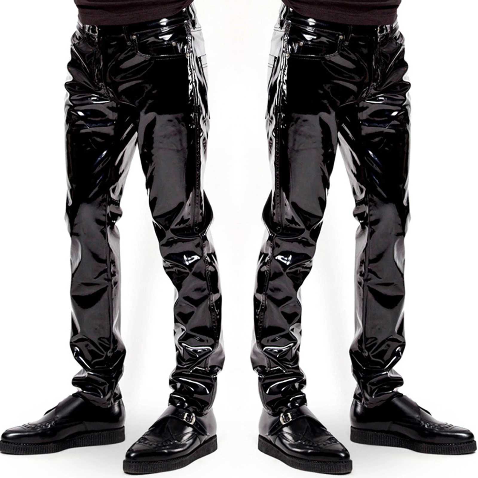 Men Wet Look Patent Leather Full Length Pants Boys Black Glossy Mid Waist Straight Trousers for Bar Nightclub Stage Show Costumes W250819