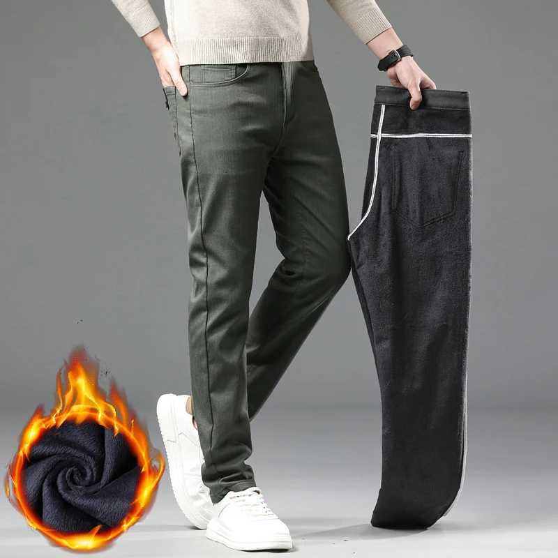 2024 New Winter Fleece Casual Pants Mens Straight Slim Thick Warm Male Business Fashion Casual Elastic Comfort Velvet Trousers W250819