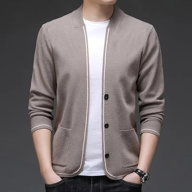 High quality long sleeve mens knitted cardigan autumn winter fashion Korean style pocket slim fit shawl casual sweater coat 250819