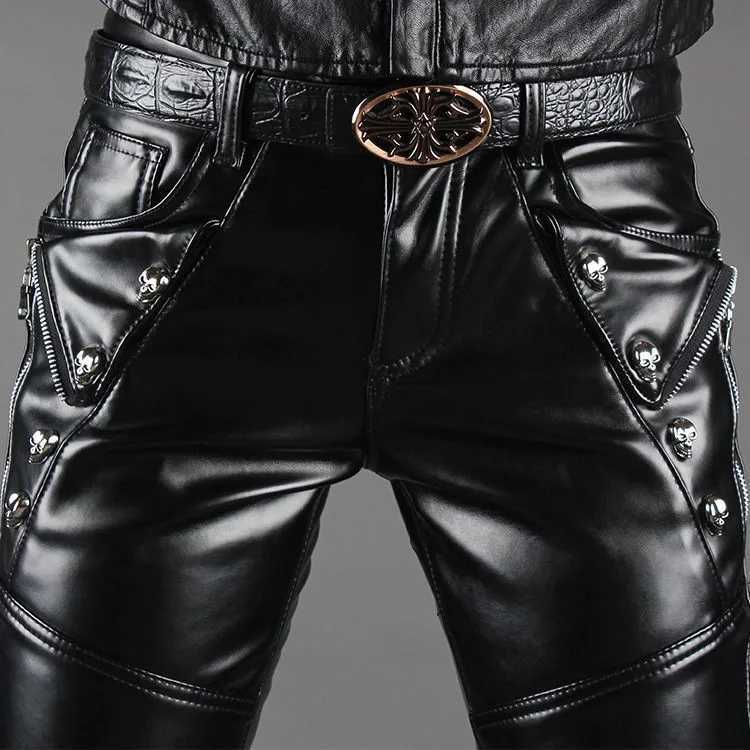 2025 Mens Slim-Fitting Small Feet Personalized Punk Locomotive PU Leather Pants W250819