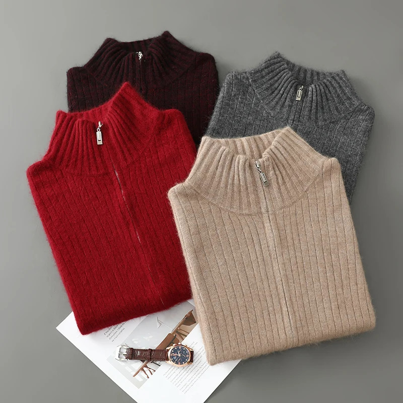 Autumn Winter Mink Cashmere Sweater Thickened Loose Zipper Cardigan Comfortable Casual Mens Knitted Bottoming Shirt 250819