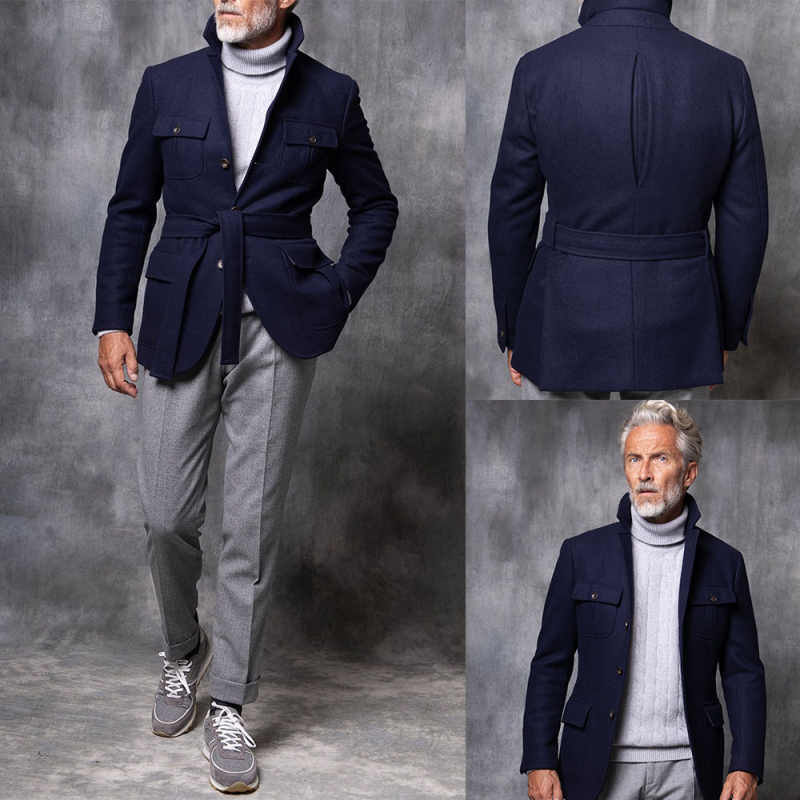 Vintage Men Suit Single Breasted Wool Blend Short Man Tailcoat Casual Peaked Lapel Business Blazers Overcoat Customized