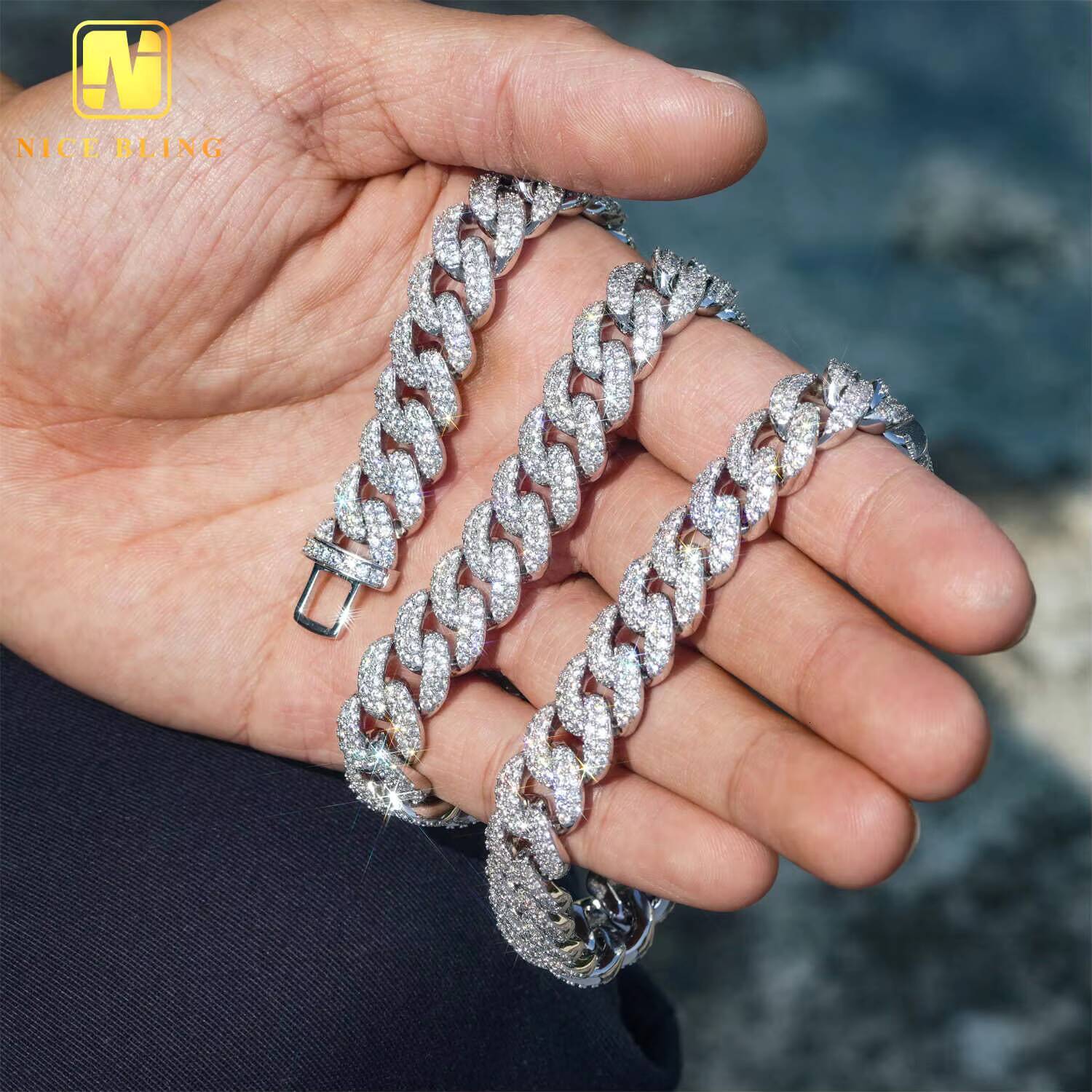 13mm Hip Hop Jewelry Necklace Fashion Style S925 Vvs Moissanite Iced Out Jewelry Moissanite Diamond Cuban Link Chain