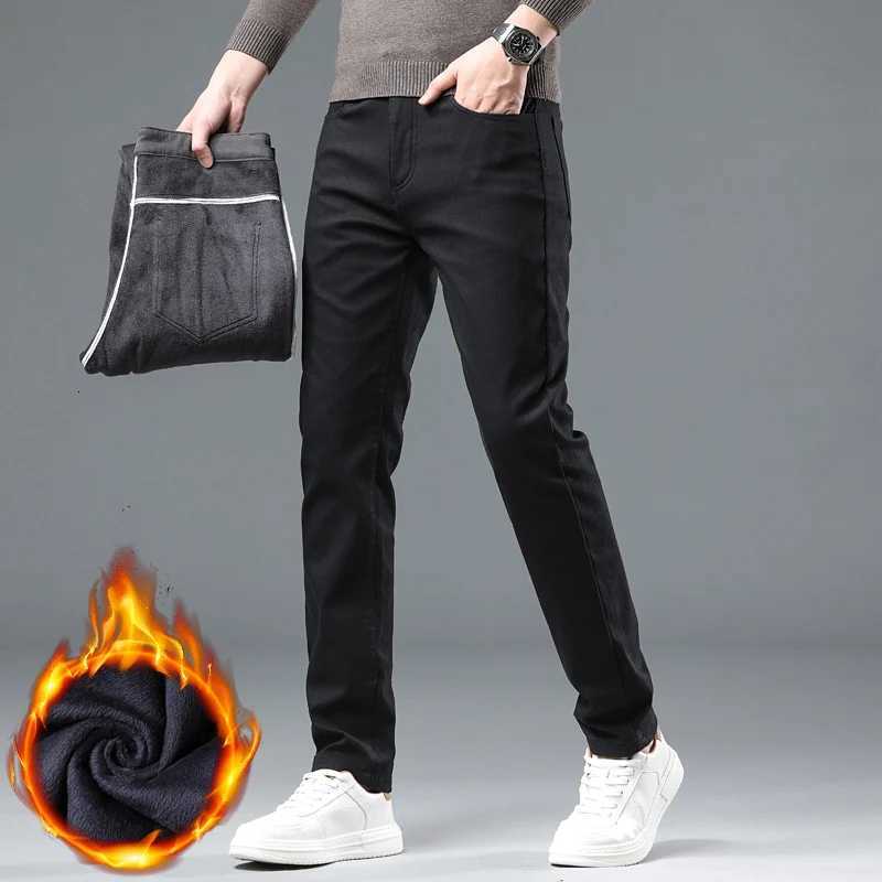 2024 New Winter Fleece Casual Pants Mens Straight Slim Thick Warm Male Business Fashion Casual Elastic Comfort Velvet Trousers W250819