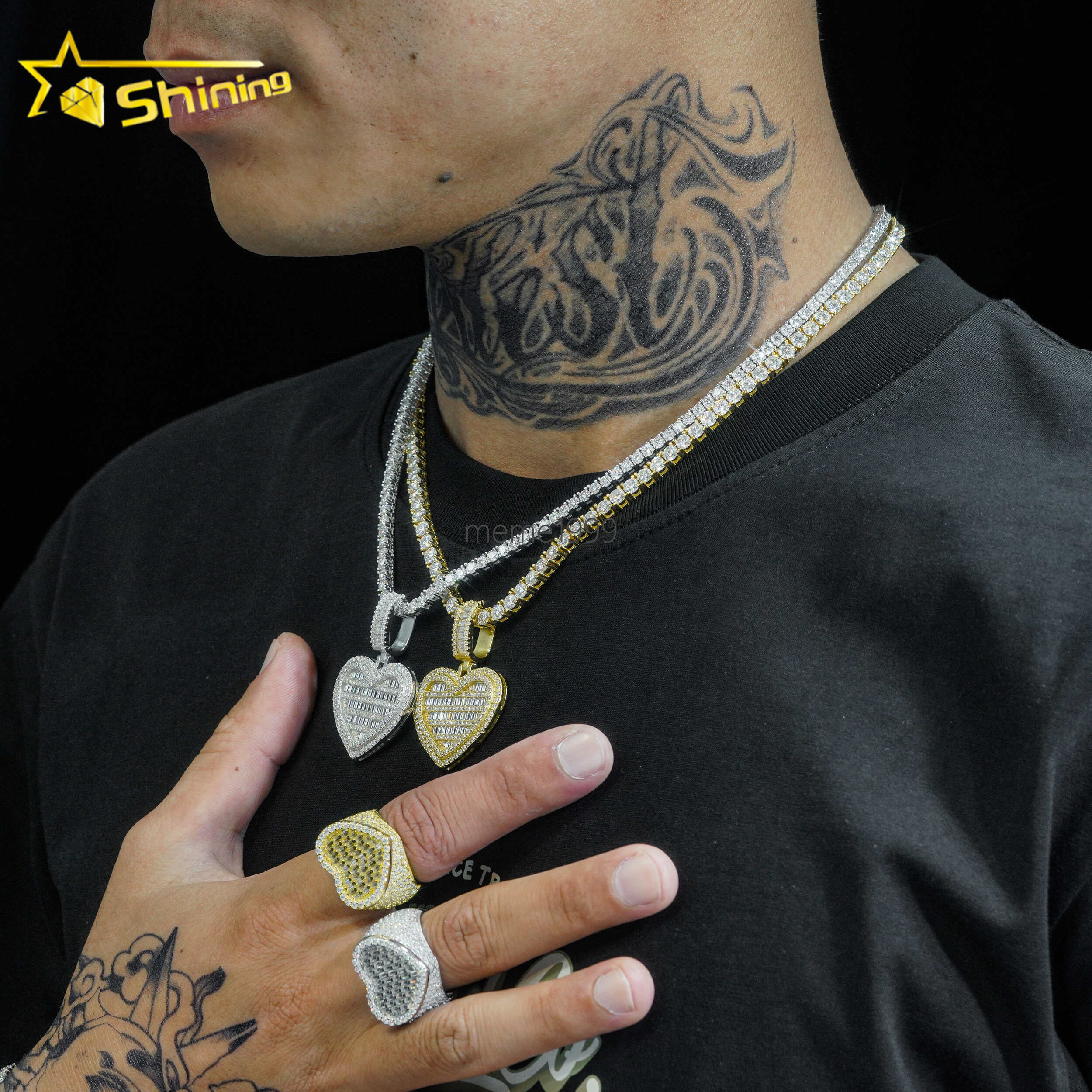 Factory Hip Hop Moissanite Jewelry Heart Shape Rings 925 Sterling Silver baguette Diamond Pendants Earrings Fine Jewelry Set