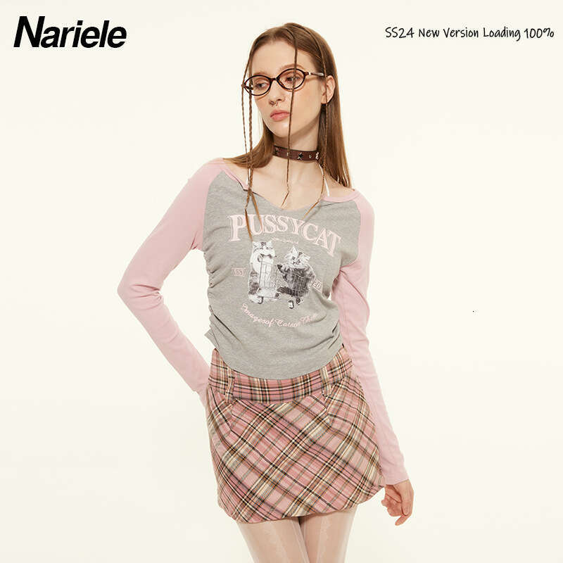 Color-Block Long Sleeve T-Shirt Women's Spring Ruched Design Hot Girl Slim Fit Short Top B3