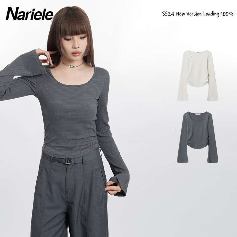 Pure Desire Style Ruched Waist Round Neck Long Sleeve T-Shirt Spring New Slim Fit Solid Color Short Hot Girl B5