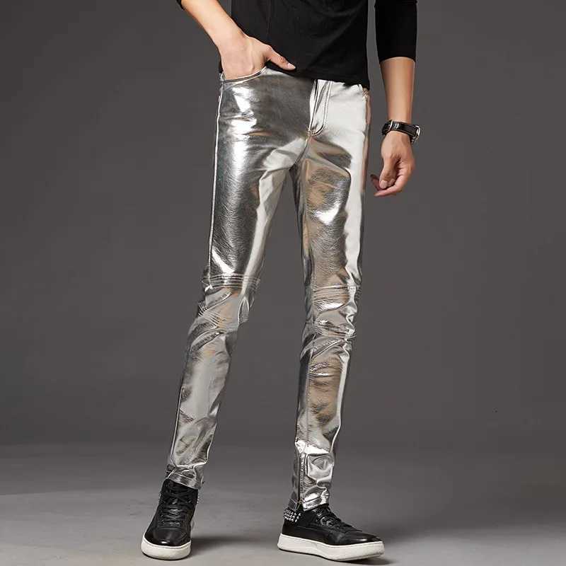 Autumn/Winter Mens Leather Pants Korean Slim Fit Feet Pants Stage Performance Mens Motorcycle Bright Silver Leather Pants W250819