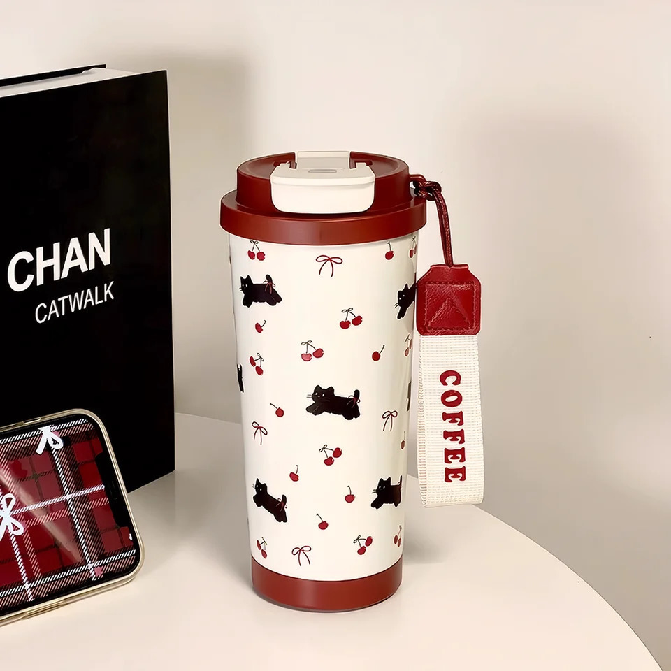 Cute Cherry Cat Tumbler 500ml Kawaii Water Bottle Stainless Steel Thermal Cup With Straw Portable Coffee Thermos For Tea Gift 250818 W260226