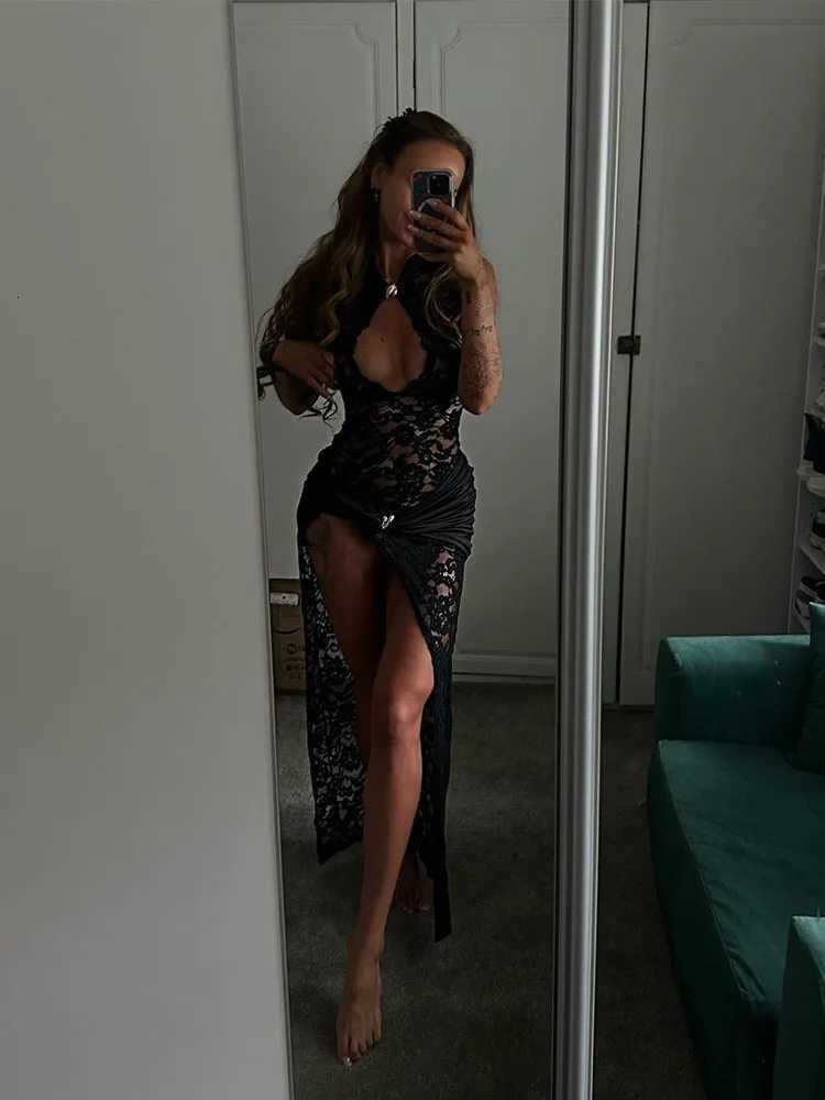 Lace Dresses For Women Fashion Sexy Elegant Solid Sleeveless Tank Hollow Out O-Neck High Side Split Slim Fit Long Dresses Robes M250623