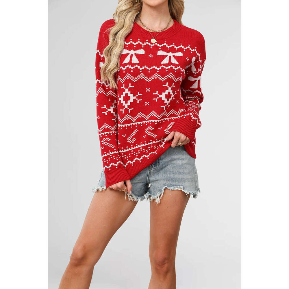 Autumn And Winter Women's Christmas Snowflake Element Sweater Casual Knitted Top B3