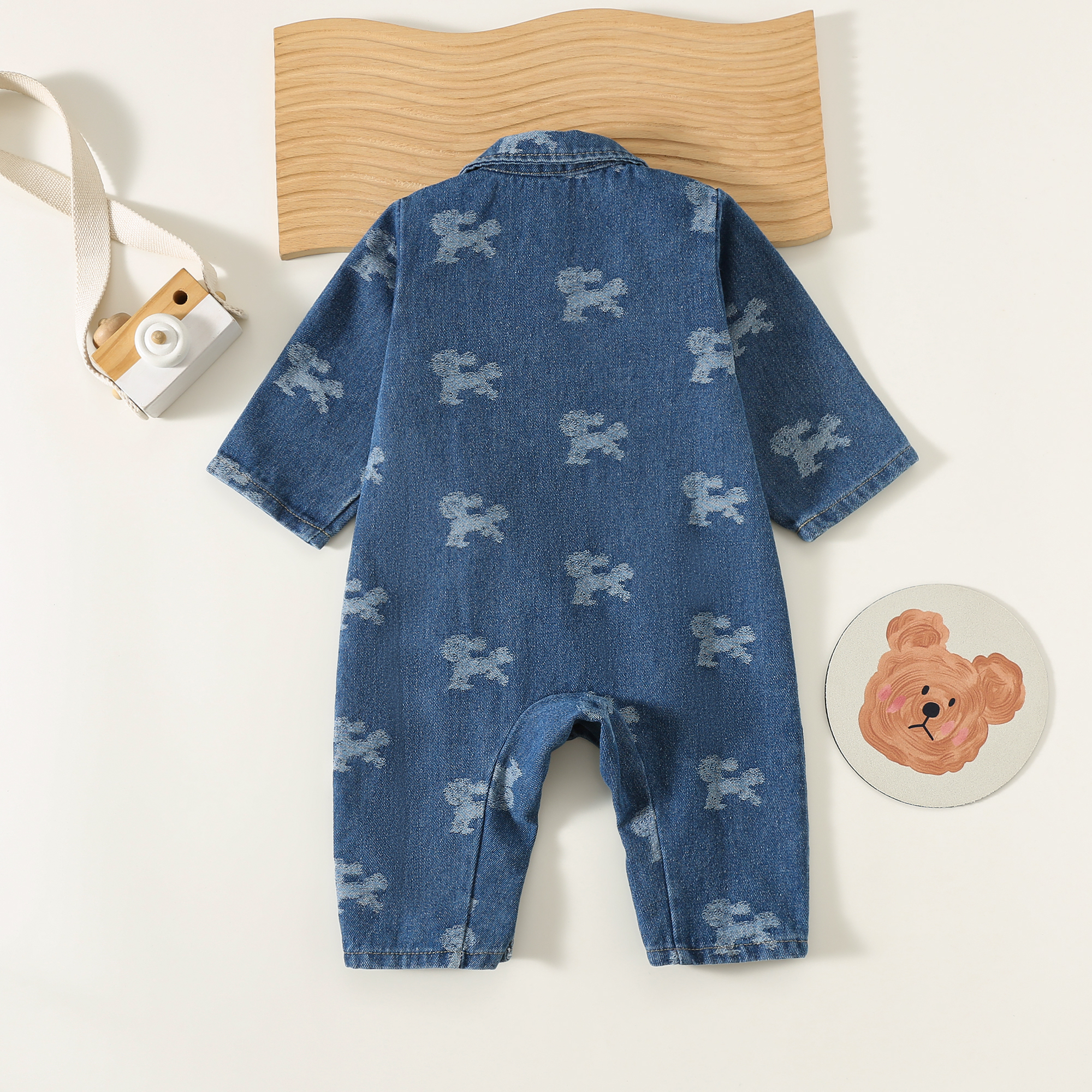 Male and female baby single-layer khai spring and autumn long sleeved outdoor clothes, new baby crawling clothes, three-dimensional puppy denim jumpsu