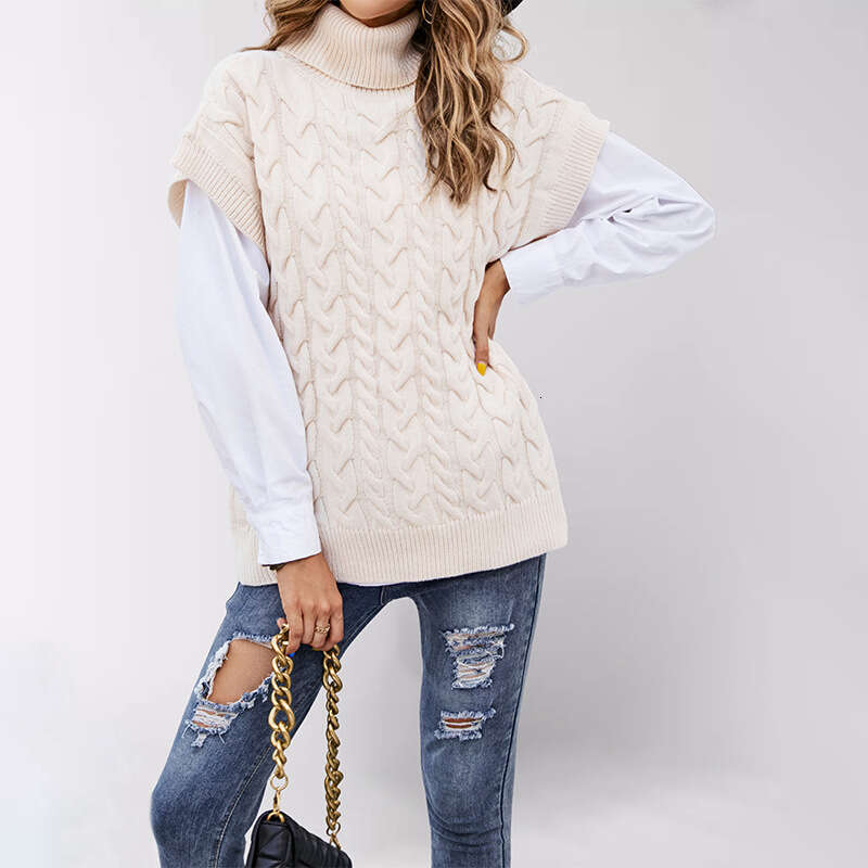 Autumn Winter Women's Sleeveless Button Rope Vest Knitted Loose Pullover High Neck Sweater B5
