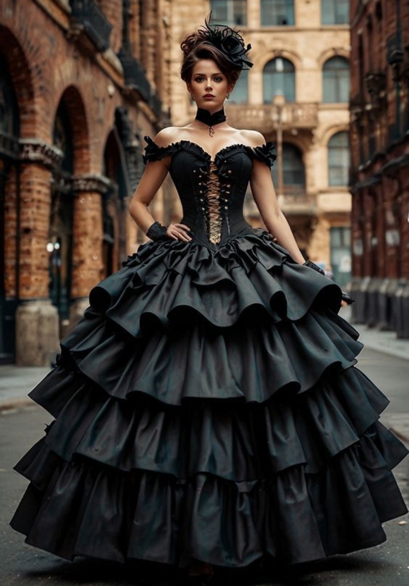 Steampunk Black Gothic Wedding Dresses Corset Off Shoulder Tiered Bridal Gown Floor Length Customized Vintage Vestidos De Novia